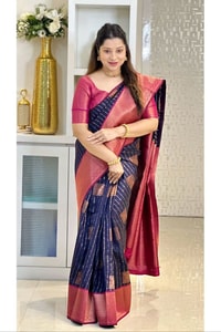 Woven Stripe Banarasi Soft Silk Saree with Contrast Zari Pallu in Magenta, Navy and Sky Blue  in Surat