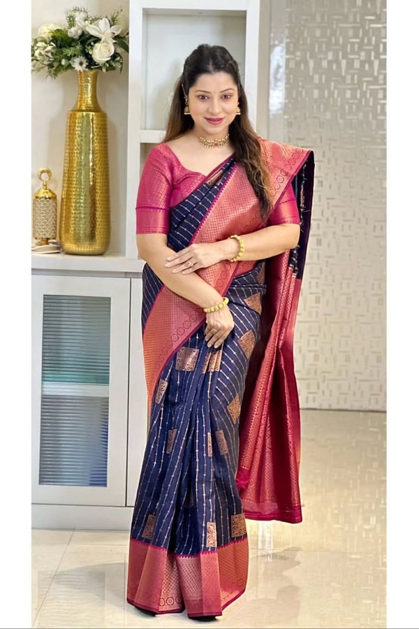Woven Stripe Banarasi Soft Silk Saree with Contrast Zari Pallu in Magenta, Navy and Sky Blue  in Surat