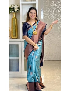 Woven Stripe Banarasi Soft Silk Saree with Contrast Zari Pallu in Magenta, Navy and Sky Blue  in Surat