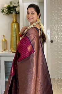 Woven Stripe Banarasi Soft Silk Saree with Contrast Zari Pallu in Magenta, Navy and Sky Blue  in Surat
