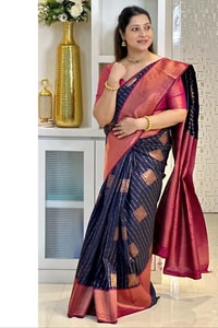 Woven Stripe Banarasi Soft Silk Saree with Contrast Zari Pallu in Magenta, Navy and Sky Blue  in Surat