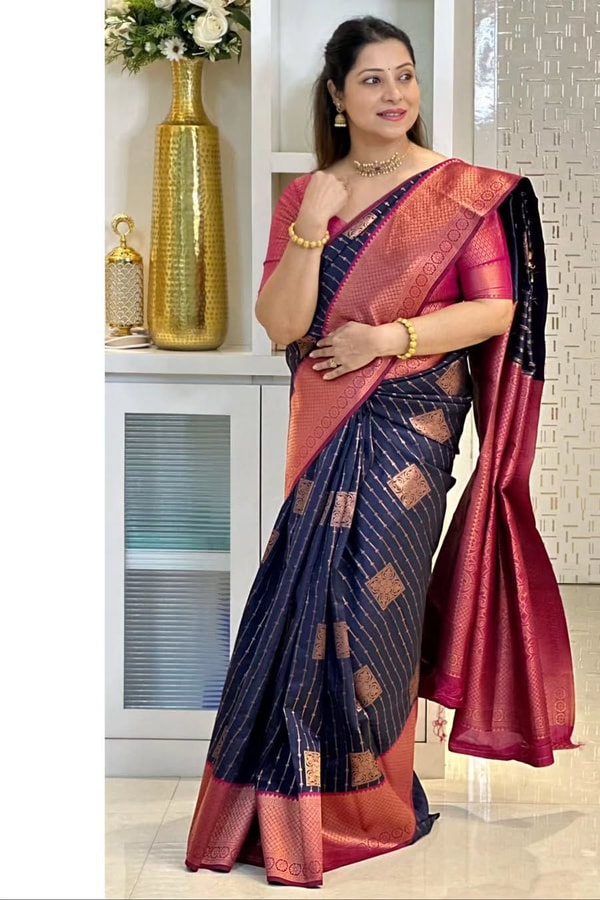 Woven Stripe Banarasi Soft Silk Saree with Contrast Zari Pallu in Magenta, Navy and Sky Blue  in Surat