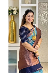Woven Stripe Banarasi Soft Silk Saree with Contrast Zari Pallu in Magenta, Navy and Sky Blue  in Surat