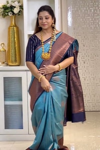 Woven Stripe Banarasi Soft Silk Saree with Contrast Zari Pallu in Magenta, Navy and Sky Blue  in Surat video 1