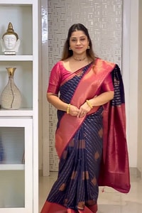 Woven Stripe Banarasi Soft Silk Saree with Contrast Zari Pallu in Magenta, Navy and Sky Blue  in Surat video 2