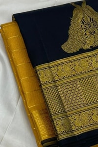 Yellow and Black Banarasi Soft Silk Saree with Zari Temple Border and Contrast Black Pallu  in Surat