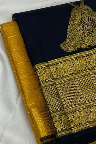 Yellow and Black Banarasi Soft Silk Saree with Zari Temple Border and Contrast Black Pallu in Surat