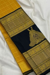 Yellow and Black Banarasi Soft Silk Saree with Zari Temple Border and Contrast Black Pallu  in Surat
