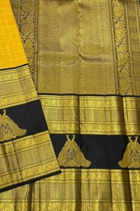 Yellow and Black Banarasi Soft Silk Saree with Zari Temple Border and Contrast Black Pallu  in Surat
