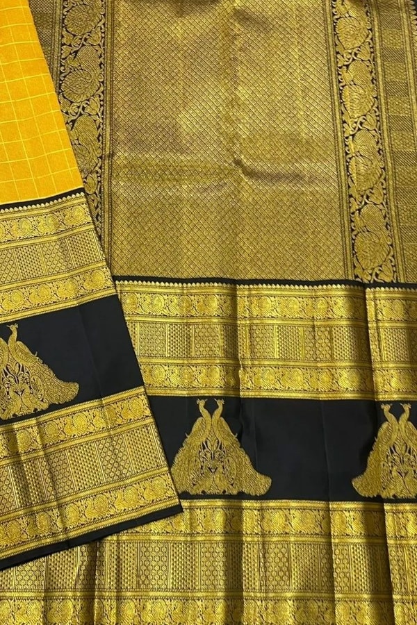 Yellow and Black Banarasi Soft Silk Saree with Zari Temple Border and Contrast Black Pallu  in Surat