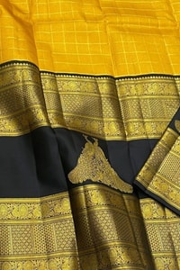 Yellow and Black Banarasi Soft Silk Saree with Zari Temple Border and Contrast Black Pallu  in Surat