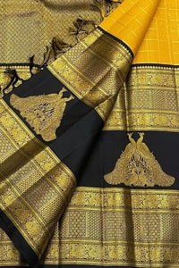 Yellow and Black Banarasi Soft Silk Saree with Zari Temple Border and Contrast Black Pallu  in Surat
