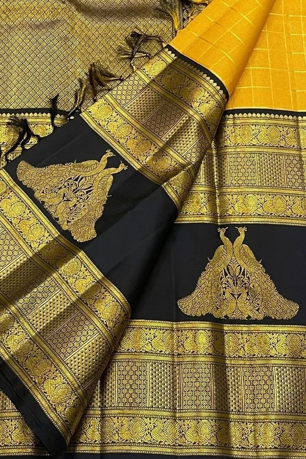 Yellow and Black Banarasi Soft Silk Saree with Zari Temple Border and Contrast Black Pallu  in Surat