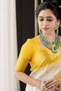 Yellow and Off-White Half and Half Banarasi Soft Silk Saree with Gold Zari Border  in Surat