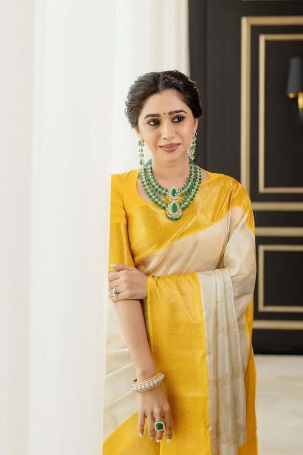 Yellow and Off-White Half and Half Banarasi Soft Silk Saree with Gold Zari Border  in Surat