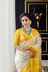 Yellow and Off-White Half and Half Banarasi Soft Silk Saree with Gold Zari Border  in Surat