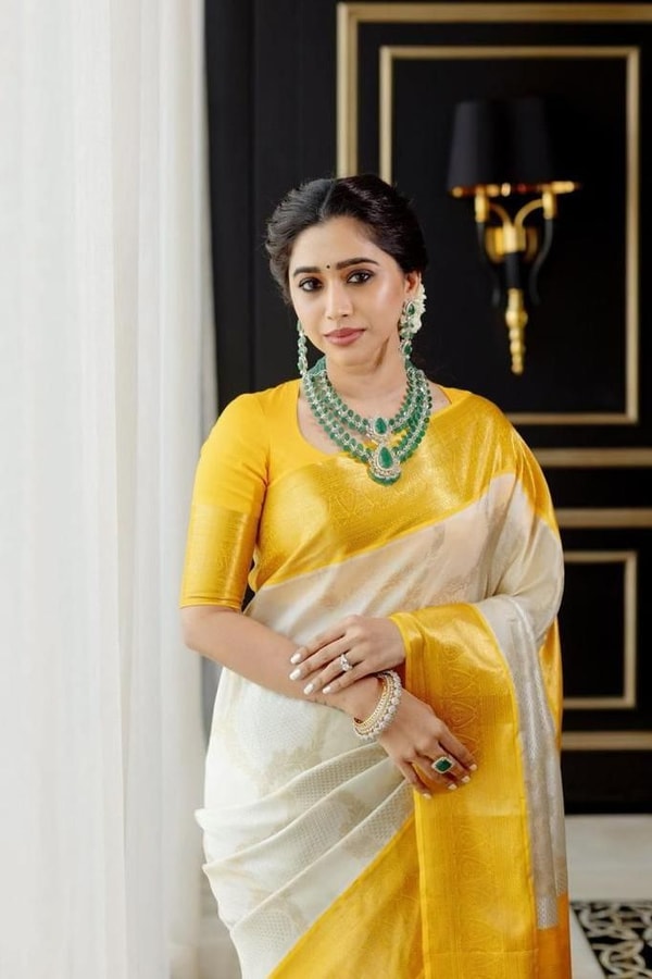 Yellow and Off-White Half and Half Banarasi Soft Silk Saree with Gold Zari Border  in Surat