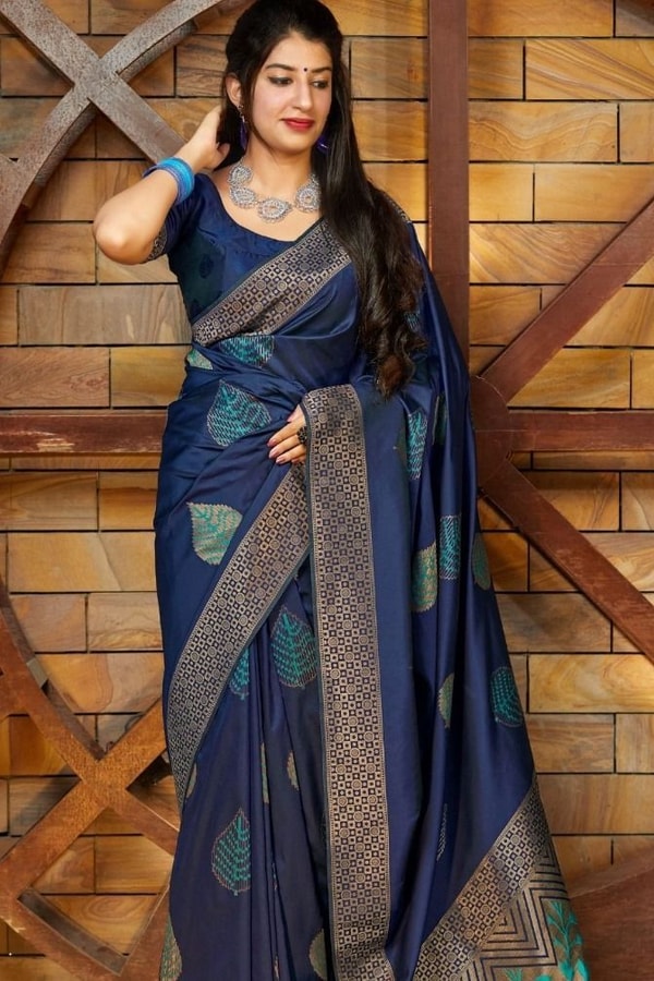 Zari Chevron Pallu Soft Lichi Silk Saree with Meenakari Leaf Butis in Four Deep Shades  in Surat