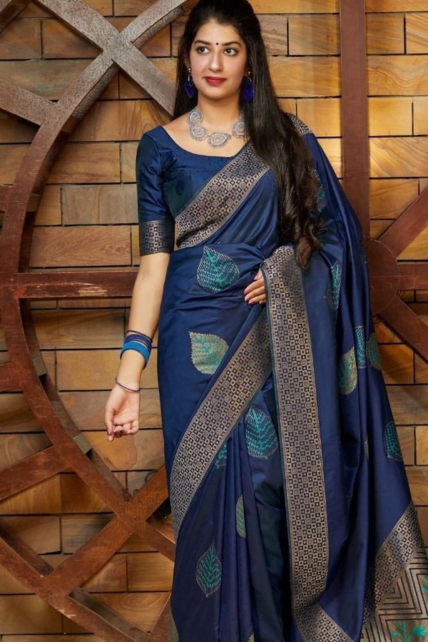 Zari Chevron Pallu Soft Lichi Silk Saree with Meenakari Leaf Butis in Four Deep Shades  in Surat