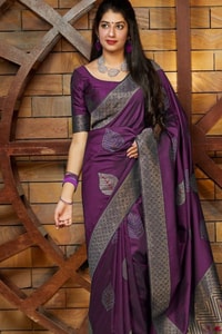 Zari Chevron Pallu Soft Lichi Silk Saree with Meenakari Leaf Butis in Four Deep Shades  in Surat