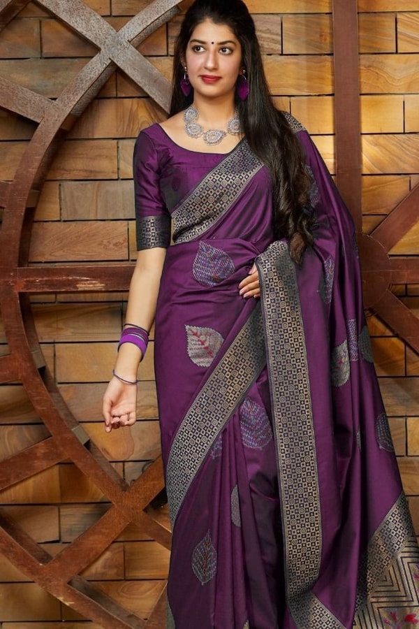 Zari Chevron Pallu Soft Lichi Silk Saree with Meenakari Leaf Butis in Four Deep Shades  in Surat