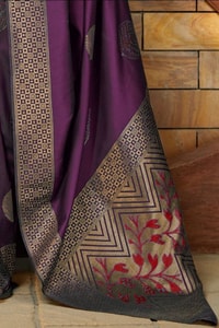 Zari Chevron Pallu Soft Lichi Silk Saree with Meenakari Leaf Butis in Four Deep Shades  in Surat