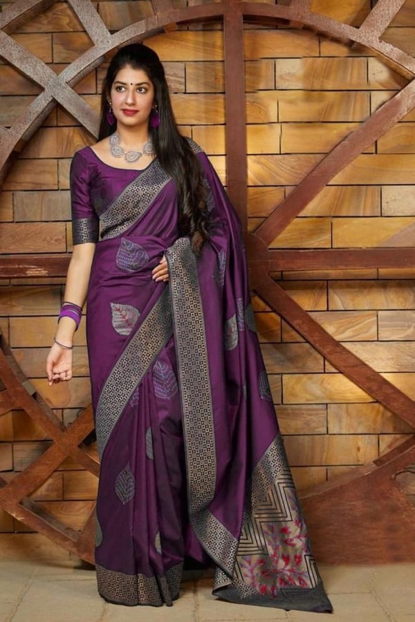 Zari Chevron Pallu Soft Lichi Silk Saree with Meenakari Leaf Butis in Four Deep Shades  in Surat