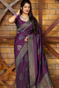 Zari Chevron Pallu Soft Lichi Silk Saree with Meenakari Leaf Butis in Four Deep Shades  in Surat
