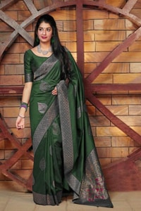 Zari Chevron Pallu Soft Lichi Silk Saree with Meenakari Leaf Butis in Four Deep Shades  in Surat