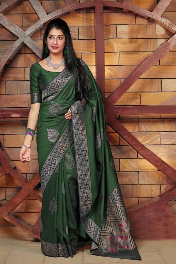 Zari Chevron Pallu Soft Lichi Silk Saree with Meenakari Leaf Butis in Four Deep Shades  in Surat