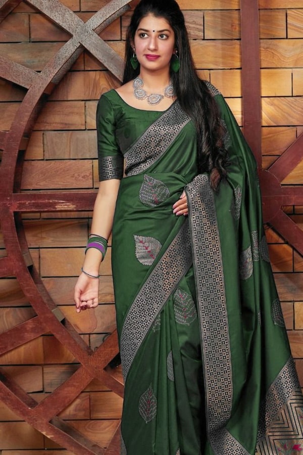 Zari Chevron Pallu Soft Lichi Silk Saree with Meenakari Leaf Butis in Four Deep Shades  in Surat