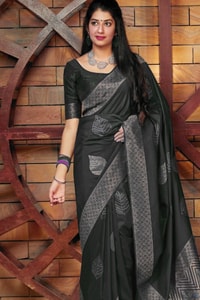 Zari Chevron Pallu Soft Lichi Silk Saree with Meenakari Leaf Butis in Four Deep Shades  in Surat