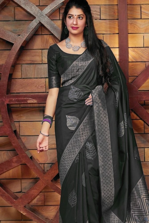 Zari Chevron Pallu Soft Lichi Silk Saree with Meenakari Leaf Butis in Four Deep Shades  in Surat