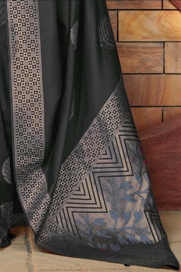 Zari Chevron Pallu Soft Lichi Silk Saree with Meenakari Leaf Butis in Four Deep Shades  in Surat
