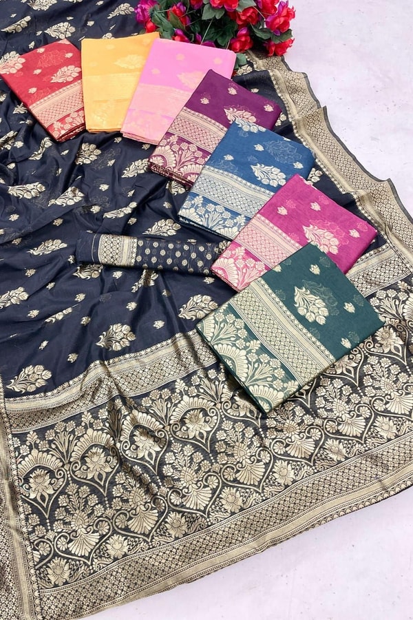 Zari Floral Butta Banarasi Soft Silk Saree with Brocade Pallu in Seven Festive Shades  in Surat