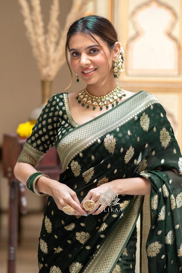 Zari Floral Butta Banarasi Soft Silk Saree with Brocade Pallu in Seven Festive Shades  in Surat