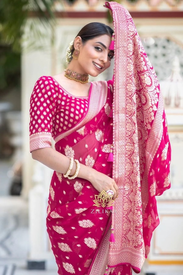 Zari Floral Butta Banarasi Soft Silk Saree with Brocade Pallu in Seven Festive Shades  in Surat