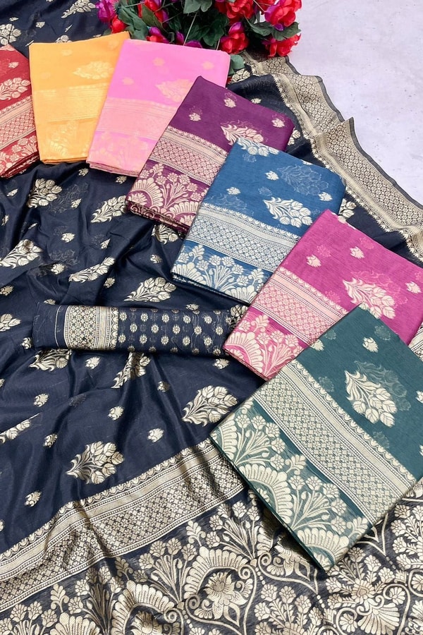 Zari Floral Butta Banarasi Soft Silk Saree with Brocade Pallu in Seven Festive Shades  in Surat