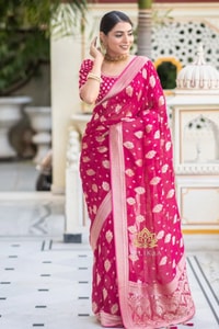 Zari Floral Butta Banarasi Soft Silk Saree with Brocade Pallu in Seven Festive Shades  in Surat
