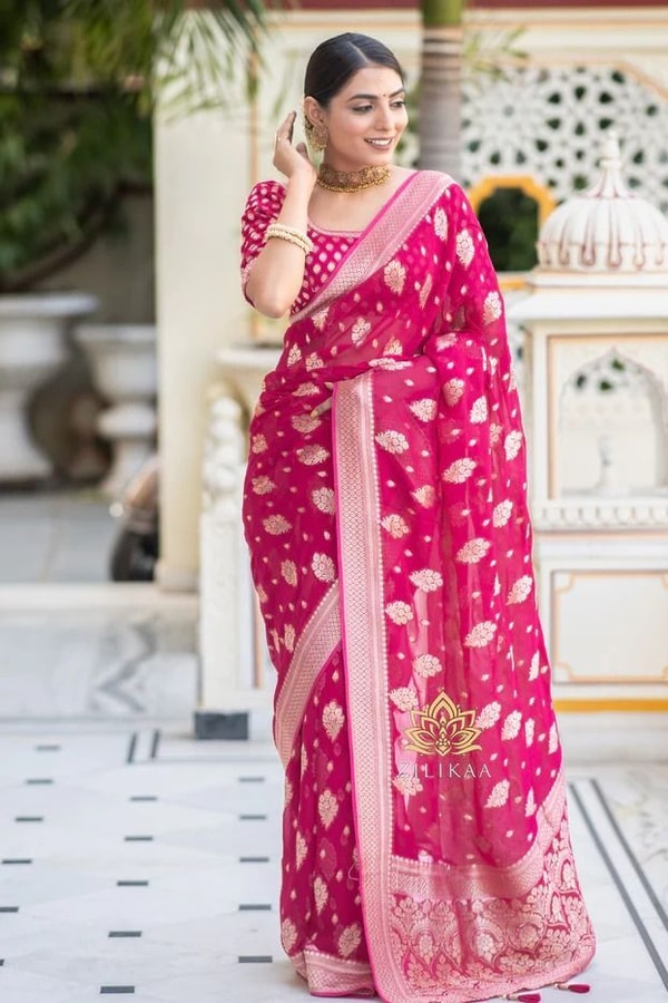 Zari Floral Butta Banarasi Soft Silk Saree with Brocade Pallu in Seven Festive Shades  in Surat