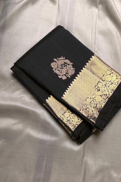 Zari Motif Butta Banarasi Soft Silk Saree with Brocade Pallu in Black, Blue, Red and Wine in Surat