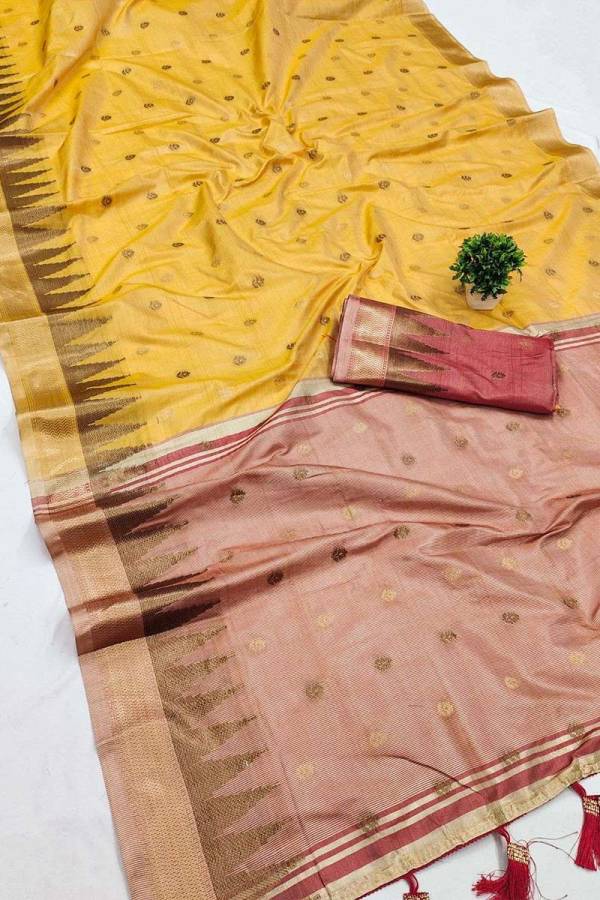 Zari Zigzag Soft Silk Saree with Weaving Contrast Border and Pallu Tassels  in Surat