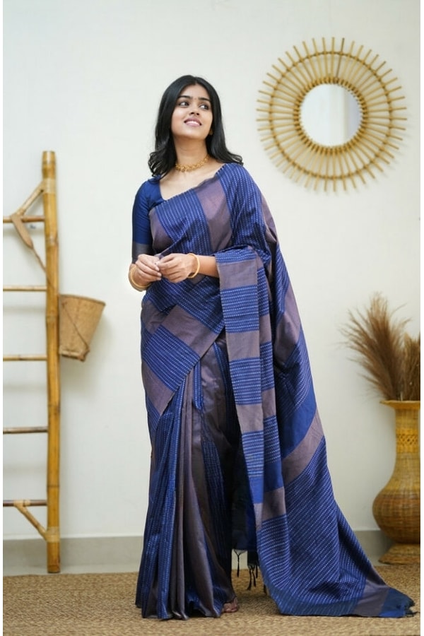 Zigzag Stripe Weave Banarasi Soft Silk Saree with Copper and Silver Zari in Eight Shades  in Surat