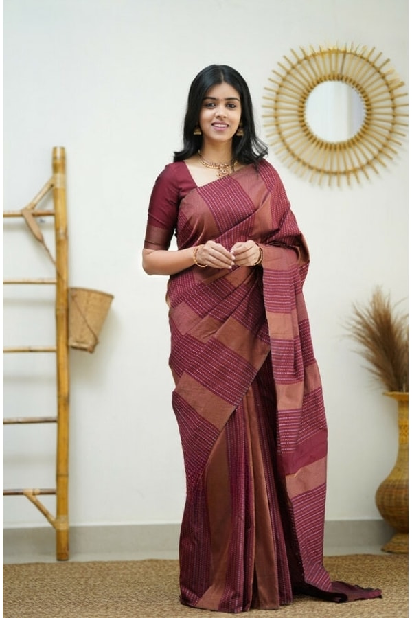 Zigzag Stripe Weave Banarasi Soft Silk Saree with Copper and Silver Zari in Eight Shades  in Surat