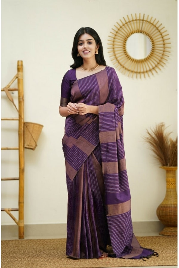 Zigzag Stripe Weave Banarasi Soft Silk Saree with Copper and Silver Zari in Eight Shades  in Surat