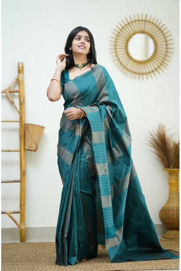 Zigzag Stripe Weave Banarasi Soft Silk Saree with Copper and Silver Zari in Eight Shades  in Surat