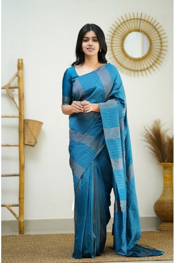 Zigzag Stripe Weave Banarasi Soft Silk Saree with Copper and Silver Zari in Eight Shades  in Surat