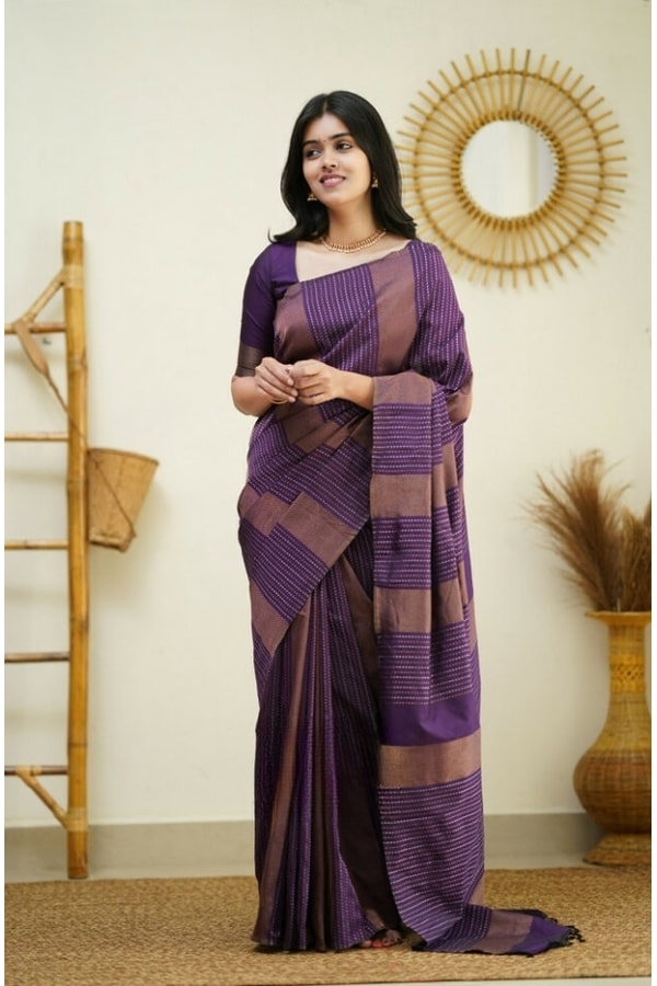 Zigzag Stripe Weave Banarasi Soft Silk Saree with Copper and Silver Zari in Eight Shades  in Surat
