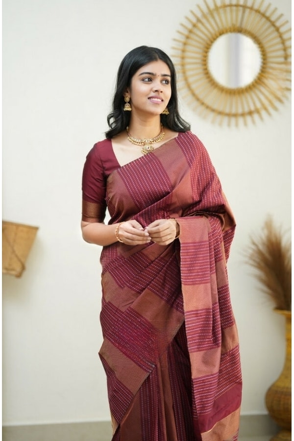 Zigzag Stripe Weave Banarasi Soft Silk Saree with Copper and Silver Zari in Eight Shades  in Surat